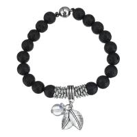 Lava Bead Bracelet, with Glass Beads & Zinc Alloy, Leaf, antique silver color plated, charm bracelet & Unisex   Approx 7 Inch 