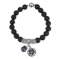 Lava Bead Bracelet, with Glass Beads & Zinc Alloy, Flower, antique silver color plated, charm bracelet & Unisex   Approx 7 Inch 