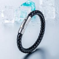 cuir PU bracelet, avec Acier titane, poli, longueur différente pour le choix & pour homme, noire, Vendu par brin