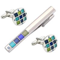 Brass Tie Clip Cufflink Set, tie clip & cufflink, silver color plated, for man & enamel & with rhinestone  