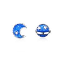 metal Pendientes asimétricos, chapado en platina real, para mujer & pegamento de gota, azul, 7mm, Vendido por Par