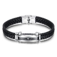 cuir PU bracelet, avec acier inoxydable, avec le motif de lettre & pour homme, noire Environ 8.26 pouce, Vendu par brin