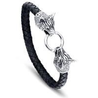 cuir PU bracelet, avec acier inoxydable, loup, pour homme & noircir, noire, 8mm Environ 9.2 pouce, Vendu par brin