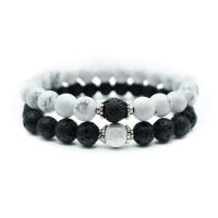 Zinklegierung Armband-Set, mit Magnesit & Lava, silberfarben plattiert, unisex, 8mm, Länge:ca. 7.5 ZollInch, 2SträngeStrang/Menge, verkauft von Menge