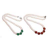 Collier de perles d'eau douce , perle d'eau douce cultivée, avec pierre gemme & laiton, Placage de couleur argentée, différents matériaux pour le choix & pour femme & avec strass Environ 18.5 pouce, Vendu par brin