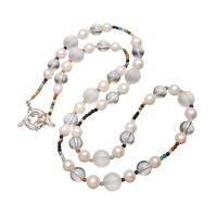 Collier de perles d'eau douce , perle d'eau douce cultivée, avec pierre gemme & Cristal naturel & laiton, Placage de couleur argentée, pour femme Environ 22 pouce, Vendu par brin