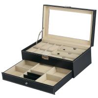 Caja de reloj de madera, con Cuero de PU & Pana & Vidrio & aleación de zinc, Rectángular, para mujer, Negro, 330x210x130mm, Vendido por UD