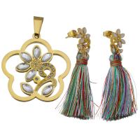 Bijoux strass en acier inoxydable Set, pendentif & boucle d'oreille, avec Fil de coton, fleur, Placage de couleur d'or, pour femme & avec strass  Environ Vendu par fixé