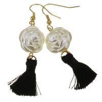 acero inoxidable Pendiente de Borla, con Hilo de algodón & Perlas de vidrio, Flor, chapado en color dorado, para mujer, Negro, 64mm, 16x23mm, Vendido por Par