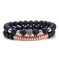 Black Stone Couple Bracelet, with Elastic Thread & Brass, plated, Unisex & micro pave cubic zirconia 8mm Approx 7.5 Inch 