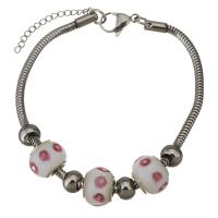 Edelstahl Europa Armbänder, mit Lampwork, mit Verlängerungskettchen von 1lnch, Schlangekette & für Frau, Rosa, 10x14mm, 3mm, Länge:ca. 8.5 ZollInch, verkauft von Strang