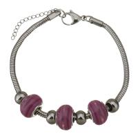 Edelstahl Europa Armbänder, mit Lampwork, mit Verlängerungskettchen von 1lnch, Schlangekette & für Frau, violett, 9x14mm, 3mm, Länge:ca. 8.5 ZollInch, verkauft von Strang