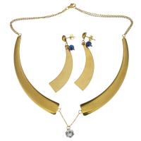 Bijoux strass en acier inoxydable Set, boucle d'oreille & collier, avec chalumeau, Placage de couleur d'or, chaîne ovale & pour femme & avec strass, bleu 1.2mm, 68mm Environ 17 pouce, Vendu par fixé