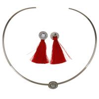 Bijoux strass en acier inoxydable Set, colliercol & boucle d'oreille, avec Fil de coton & argile, pour femme & avec strass, rouge, 15mm, 3mm Diamètre inté Environ 140mm, Vendu par fixé