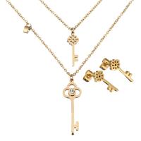 Bijoux strass en acier inoxydable Set, Boucle d’oreille stud & collier, avec 2lnch chaînes de rallonge, clé, Placage de couleur d'or, chaîne ovale & pour femme & avec strass 1mm Environ 18 pouce, Vendu par fixé