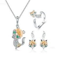 Zircon cubique Micro Pave Sterling Sliver parures de bijoux, laiton, Boucle d’oreille stud & bague, anneau & collier, avec cristal, avec 5cm chaînes de rallonge, renard, Placage de couleur argentée, réglable & pavé de micro zircon & pour femme  Environ 17.72 pouce, Vendu par fixé