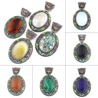 Gemstone Zinc Alloy Pendants, with Gemstone, Flat Oval, antique silver color plated & enamel Approx 