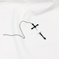 Brass Split Earring, Cross, silver color plated, detachable & for woman & enamel, black 