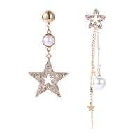 metal Pendientes asimétricos, plata esterlina aguja de pendiente, Estrella, chapado en color dorado, para mujer & con diamantes de imitación, 120x65mm,20x29mm, Vendido por Par