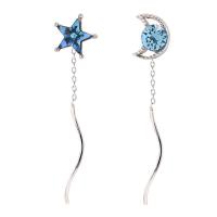 metal Pendientes asimétricos, Luna y estrella, chapado en color de plata, para mujer & con diamantes de imitación, 40mm, Vendido por Par