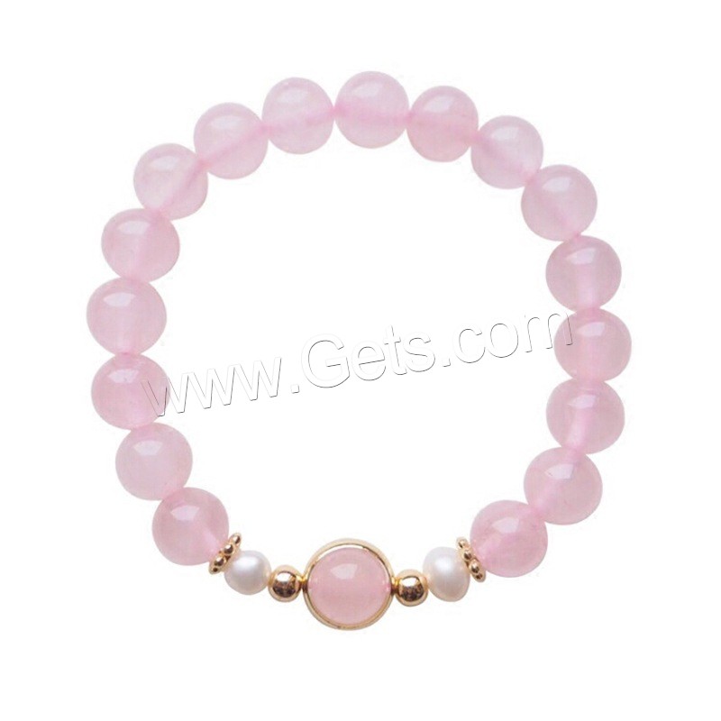 Rose Quartz Bracelet, with Shell Pearl & Zinc Alloy, gold color plated, different size for choice & for woman, pink, Length:Approx 6.8 Inch, Sold By Strand