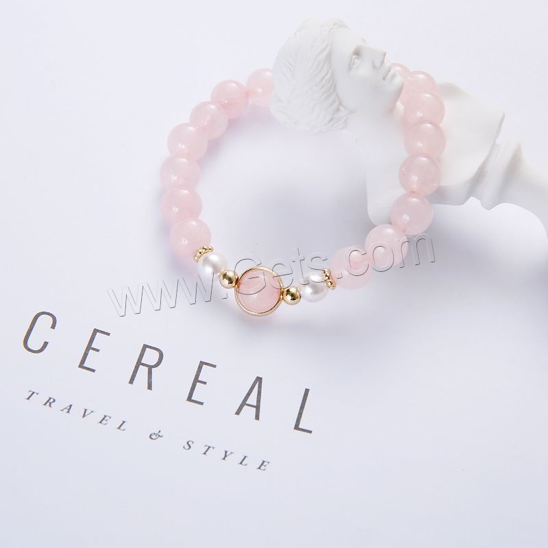 Rose Quartz Bracelet, with Shell Pearl & Zinc Alloy, gold color plated, different size for choice & for woman, pink, Length:Approx 6.8 Inch, Sold By Strand