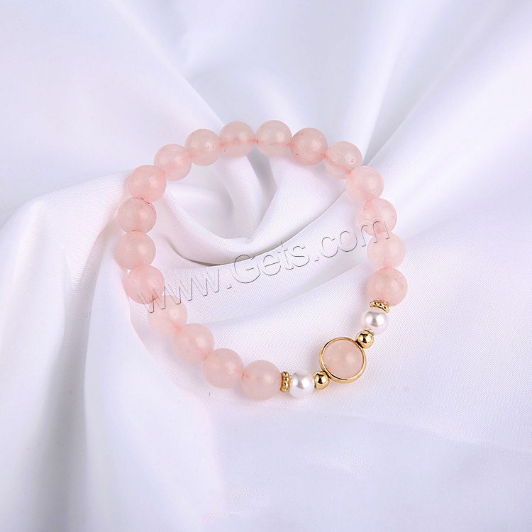 Rose Quartz Bracelet, with Shell Pearl & Zinc Alloy, gold color plated, different size for choice & for woman, pink, Length:Approx 6.8 Inch, Sold By Strand