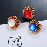 Resin Zinc Alloy Finger Ring, with Resin, Flower, gold color plated, for woman & with rhinestone 