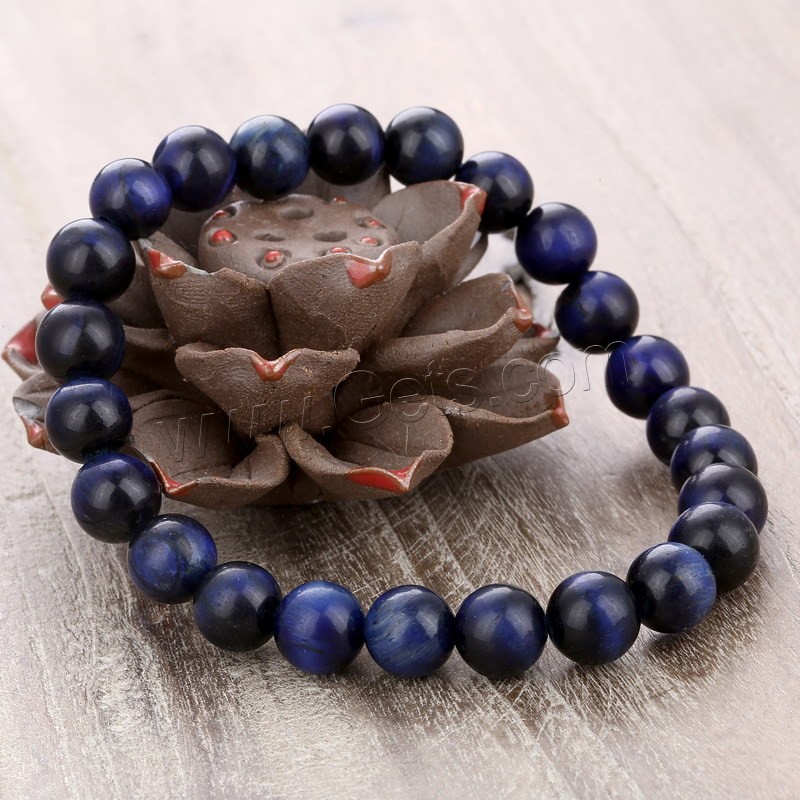 Tiger Eye Stone Bracelets, Round, natural, Unisex & different size for choice, blue, Length:Approx 7 Inch, Sold By PC