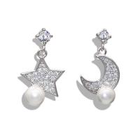 Pendientes asimétricos, metal, plata esterlina aguja de pendiente, Luna y estrella, chapado en oro real, micro arcilla de zirconia cúbica & para mujer, plateado, 40x30mm, Vendido por Par