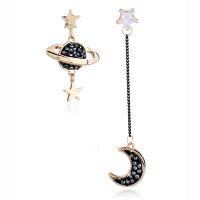 Asymmetric Earrings, Metal, brass post pin, Moon and Star, gold color plated, for woman & with rhinestone, 75mmx15mm,38mmx24mm 