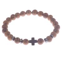 bois bracelet, avec alliage de zinc, croix, pistolet noir plaqué, styles différents pour le choix & pour homme, 8mm Environ 6.5 pouce, Vendu par brin