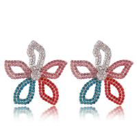 Zinc alliage strass Stud Earring, alliage de zinc, fleur, Placage de couleur d'or, pour femme & avec strass, 38mm, Vendu par paire