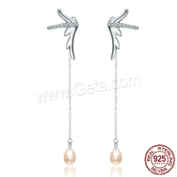 Silver Earring Zircon pavent Sterling, Argent sterling 925, avec perle d'eau douce cultivée, aile d'ange, chaîne ovale & pavé de micro zircon & pour femme Vendu par paire