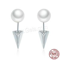 Silver Earring Zircon pavent Sterling, Argent sterling 925, avec perle d'eau douce cultivée, triangle, Plaqué d'argent, pavé de micro zircon & pour femme, 19mm Vendu par paire