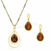 Titanium Steel Jewelry Set, earring & necklace, with Stone, with 50mm extender chain, Teardrop, gold color plated, for woman, 450mm 27mm 