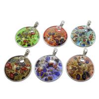 Pendentifs Murano fleur intérieur, chalumeau, avec fer, Plat rond, Placage de couleur platine, sable d'or & fleur intérieure, couleurs mélangées Environ 5mm îte, Vendu par boîte