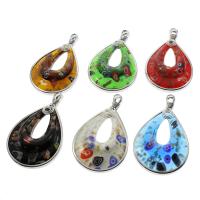 Pendentifs Murano fleur intérieur, chalumeau, avec fer, larme, Placage de couleur platine, sable d'or & fleur intérieure, couleurs mélangées Environ 5mm îte, Vendu par boîte