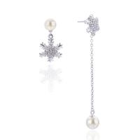 Asymmetric Earrings, Brass, with Shell Pearl, Snowflake, real silver plated, micro pave cubic zirconia & for woman  