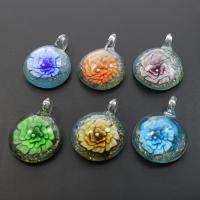 Innere Blume Murano Anhänger, Lampwork, flache Runde, Goldsand & innen Blume, gemischte Farben, 34x45x14mm, Bohrung:ca. 8mm, 12PCs/Box, verkauft von Box