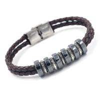 aleación de zinc Pulsera, con Cuero de PU & Hematite, unisexo, más colores para la opción, longitud:aproximado 8 Inch, Vendido por Sarta