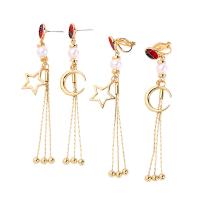 Zinc Alloy Asymmetric Earrings, with Plastic Pearl, Moon and Star, gold color plated & for woman, lead & cadmium free 