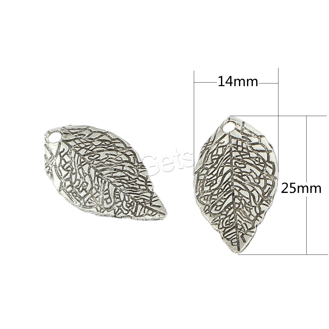 Pendentifs feuilles en alliage de zinc , Plaqué de couleur d'argent, 14x25x3mm, Trou:Environ 1mm, Environ 500PC/sac, Vendu par sac