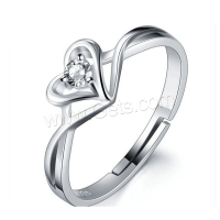 Plata de ley 925 Anillo de dedo Cuff, Corazón, chapado en platina real, para mujer & con circonia cúbica, 20x23mm, tamaño:6-8, Vendido por UD