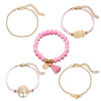 Zinc Alloy Bracelet Set, with Cotton Thread & Gemstone, plated, 5 pieces & Adjustable & for woman, pink  60mm 