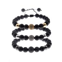 Lava Bead Bracelet, with Nylon Cord & Zinc Alloy, Round, Unisex & micro pave cubic zirconia 8mm Inch 