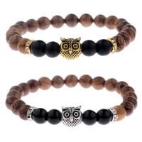 bois bracelet, avec alliage de zinc, hibou, différents matériaux pour le choix & pour homme, plus de couleurs à choisir, 8mm .5 pouce, Vendu par brin