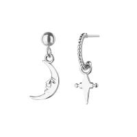 Brass Asymmetric Earrings, Moon and Star, platinum plated, for woman  20mm, 10mm, 3mm 