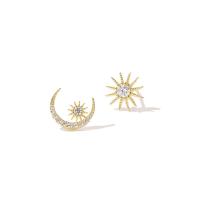 Brass Asymmetric Stud Earrings, gold color plated, micro pave cubic zirconia & for woman, 10*10mm,11*9mm 