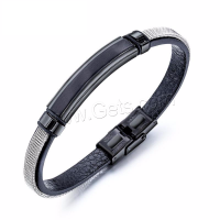 Cuero de PU Pulsera, con acero inoxidable, para hombre, Negro, 50mm,8mm, longitud:8 Inch, Vendido por UD